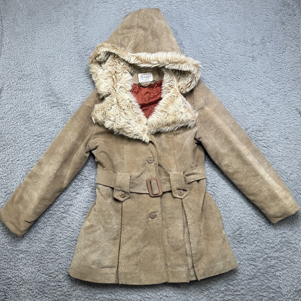 Vintage 70s Faux Fur Suede Coat Womens Small Tan Hooded Trim Belted